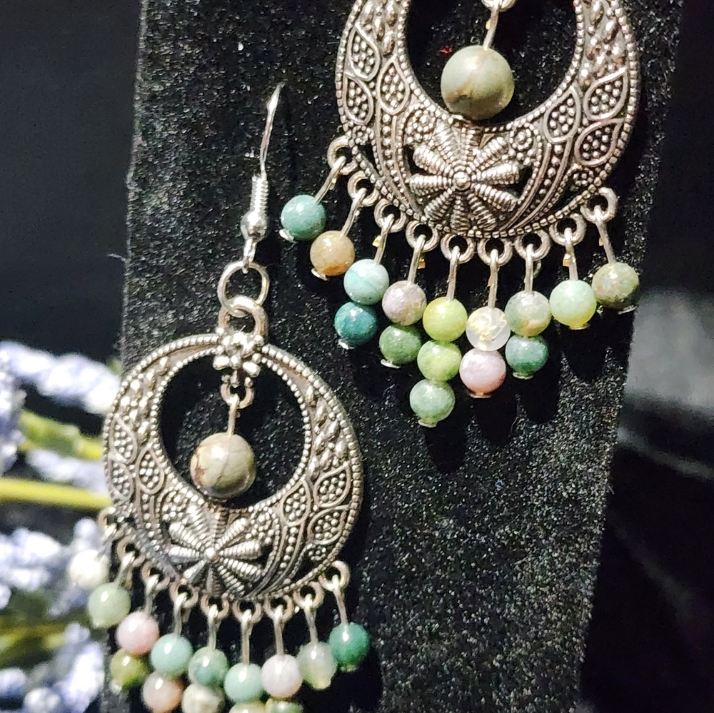 Silver Bohemian Dangle Earrings with Picasso Jasper Beads - Picture 2 of 5